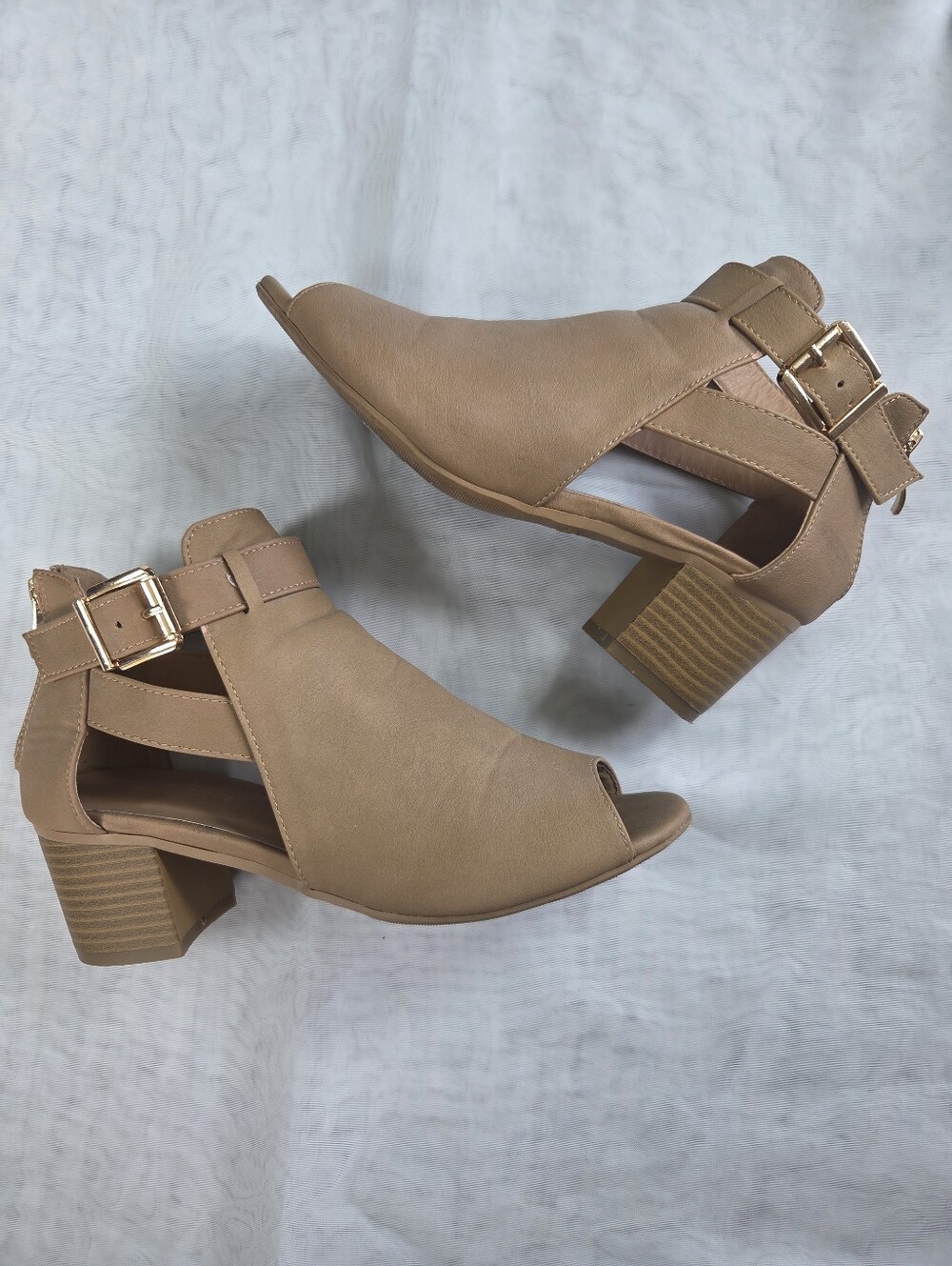TOP Moda Tan Open-Peep Toe Block Heel Ankle Boot with Gold Buckle